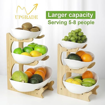SEVEN SPARTA 3 Tier Fruit Bowl for Kitchen Counter (PLUS edition) / Ceramic Serving Bowls with Bamboo Stand/Big Size Tiered Fruit Basket for Fruit Vegetable Storage, Dessert, Salad Buffet Server - style: PLUS edition
