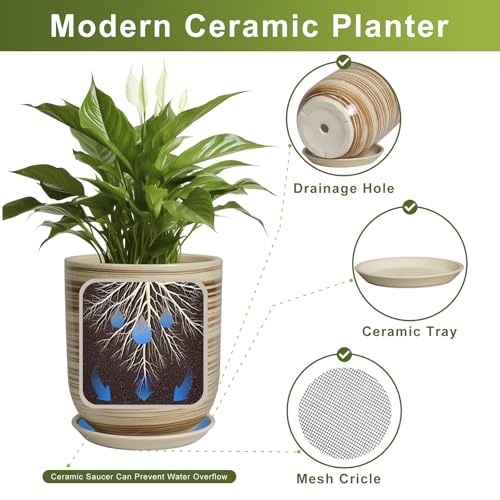 8 Inch Plant Pot, Ceramic Planter for Plants, Yellow - color: Yellow Stripes, size: 8 Inch