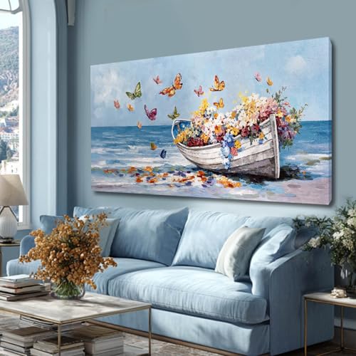 GAIDUOMAI Coastal Wall Art Butterfly and Flowers Pictures Wall Decor Wooden Boat Beach Wall Painting for Office Landscape Art for Dining Room Bedroom 24x48 Inch - color: Blue, size: 48"L x 24"W