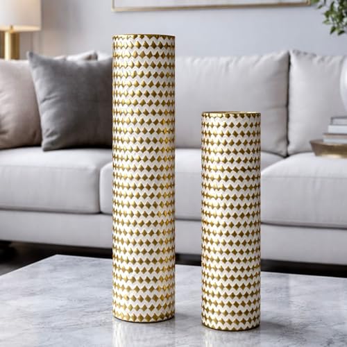 Leewadee Set of 2 Large Floor Vases Metal for Pampas Grass - color: Gold, White