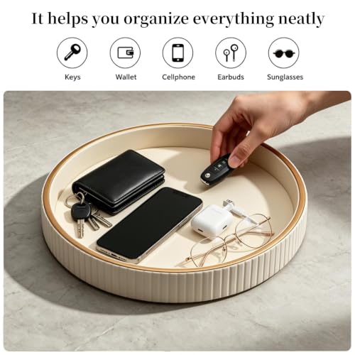 SANZIE Leather Tray Desktop Storage Organizer, Round Valet Tray, White - color: White Disc