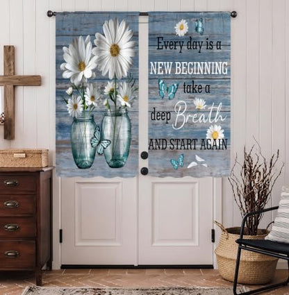 Farmhouse Rustic Daisy Flower Kitchen Curtains 2 Panels Teal Blue Plank Inspirational Quote Small Short Cafe Tier Window Treatment Drapes Butterfly Bathroom Bedroom Curtain 27.5W X 39L Inches - color: 10 Farmhouse Rustic Daisy, size: 27.5"W x 39"L (Pack o