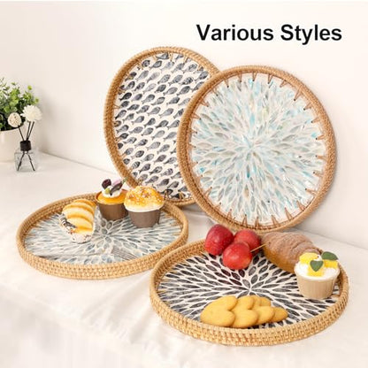 Round Rattan Tray with Mother of Pearl Inlay, Rattan Serving Tray for Coffee, Bread, Fruits, Decorative Wicker Tray for Table Decor, Home Decor, Kitchen Island Decor (Black Leaf, 11.8")