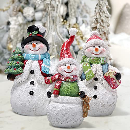 Hodao Snowman Figurines Set of 3, Hand-Painted Resin Christmas Ornaments, Indoor Home Decor for Mantel, Shelf & Tiered Tray, Glitter Accents, Gift-Ready Holiday Decorations - color: 3pcs Family Snowman Figurine