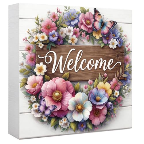Welcome Sign Spring Floral Wooden Box Sign, Spring Decorations for Home Office Bathroom Kitchen Rustic Wood Block Signs for Desk Shelf Table Decor - color: Welcome1