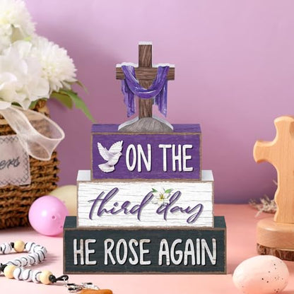 Yousoontic 4 Pcs He Is Risen Easter Tiered Tray Decorations Lent Resurrection Christian Wood Blocks with Cross, Dove, Lily Religious Farmhouse Table Decor for Spring, Holy Week, Easter Display - style: He is Risen