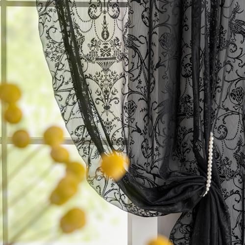 TUDECO Black Lace Curtains 63 Inch Length 2 Panels - Victorian Sheer Floral Gothic Curtains for Bedroom Whimsy Dark Academia Curtains Rod Pocket Privacy Window Treatments, 59 x 63 Inch, Black - color: Black, size: 59"W x 63"L (Pack of 2)