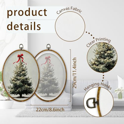 XPH Red Bow Christmas Tree Oval Wall Art Framed 8.6x11.4 Inch - color: Christmas53