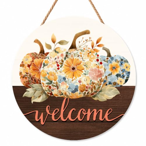 Fall Floral Pumpkin Decorations for Home, Fall Welcome Wooden Sign - color: Orange