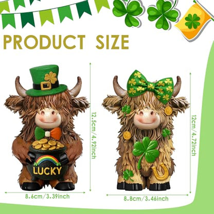 2 Pack Resin St. Patrick's Day Highland Cow Decor Gifts - style: St. Patrick’s Day