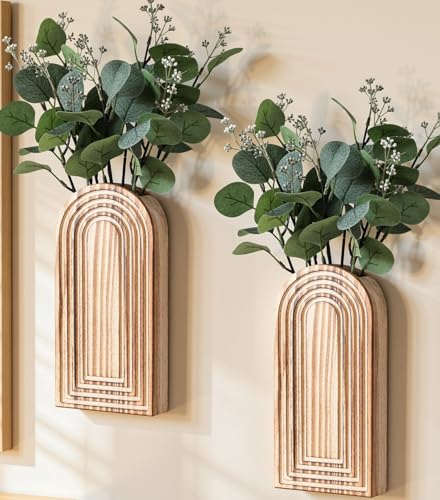 DREAMLOOM 2 Pack Wooden Wall Vases with Fake Plants, Wall Hanging Planters Boho Modern Farmhouse Indoor for Narrow Spaces Entryway Bathroom Home Office Decoration, Brown - color: C-brown