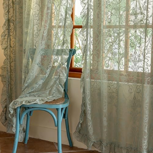 TUDECO Sage Green Lace Curtains, Ruffle Edges, 59 x 63 Inch, 2 Panels - color: Sage Green, size: 59"W x 63"L (Pack of 2)