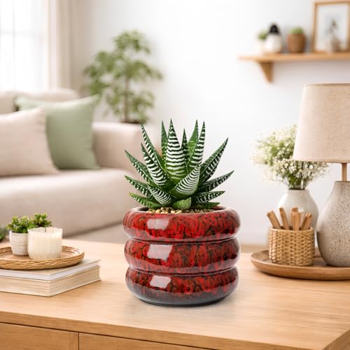 Ceramic 6 inch Plant Pot - Red Planter for Indoor Plants with Drainage Hole - color: Red-s
