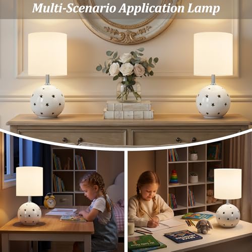 Small Table Lamp,14" White Ceramic Bedside Lamp for Girls Kids Bedroom,Dorm - color: White