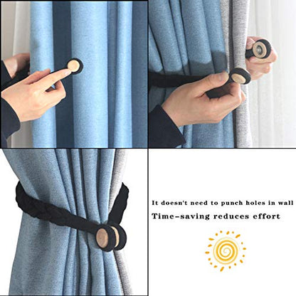 Magnetic Soft Curtain Tiebacks Rope Cotton Window Curtain Holdbacks Porlau - color: Black, size: 2 Pack