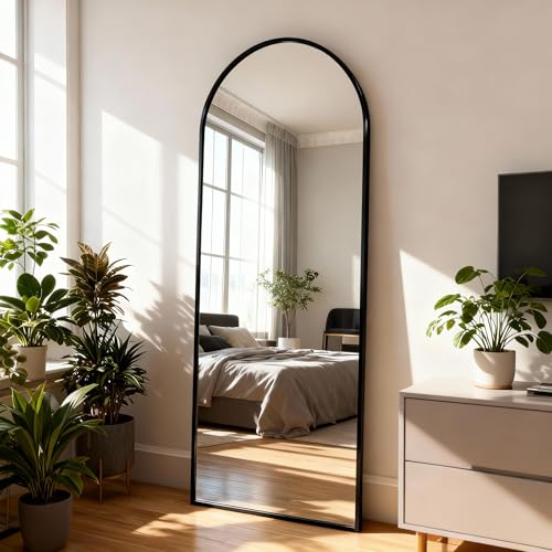 Arched Full Length Mirror 56"x15" Black | Aluminum Frame Shatterproof Glass, Freestanding Leaning Wall Mounted Mirror for Bedroom Living Room Entryway, Modern - color: Black, size: 56"L x 15"W