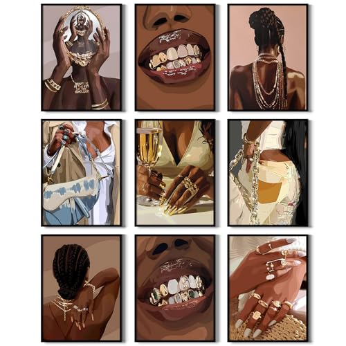 Black Woman Wall Art African American Women Canvas Poster Black Girl People Wall Decor Fashion Female Pictures Abstract Painting Boho Prints Urban Artwork for Bedroom Bathroom 8x10x9 Inch Unframed - color: Black Teeth Prints, size: 8"x10" Unframed