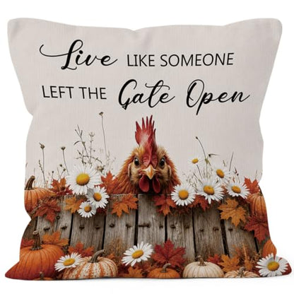 Fall Chicken Daisy Floral Pumpkin Leaves Throw Pillow Covers 18x18 - color: Chicken-02