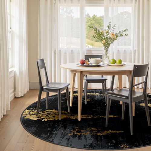 RELEANY Washable Round 4ft Area Rug for Living Room Black Gold - color: Black/Gold, size: 4' (Round)