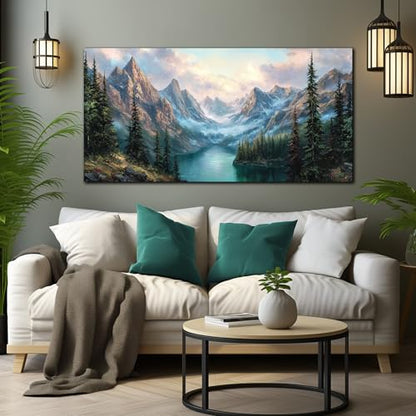MXUNYZ Green Pine Tree River Mountains Canvas Wall Art for Living Room - color: Blue Green, size: 48"L x 24"W