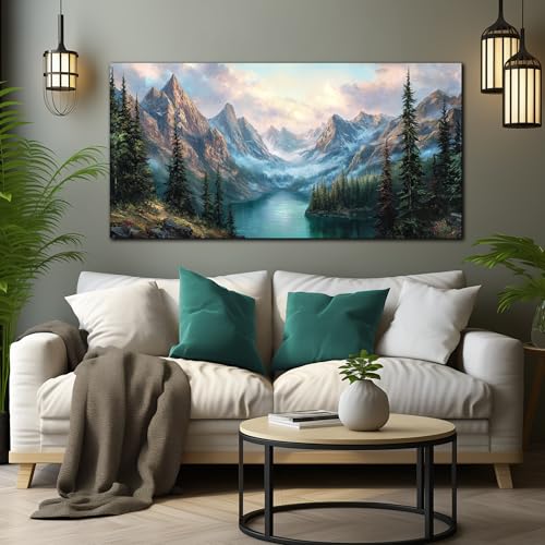 MXUNYZ Green Pine Tree River Mountains Canvas Wall Art for Living Room - color: Blue Green, size: 48"L x 24"W