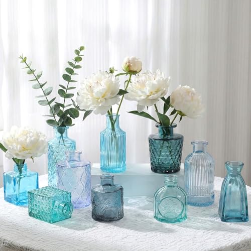 Set of 15 Blue Glass Bud Vases Small Textured Flower Vases - color: Blue