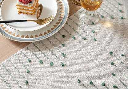 Caflife Green Beige Cotton Linen Rustic Boho Table Runner 13 x 60 Inch Long - color: Green Beige, size: 13x60Inch