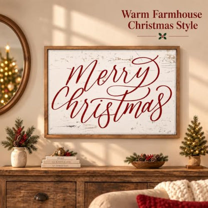 Merry Christmas Wall Decor Art, 23.6"×15.7" Large Wooden Sign - color: white-red
