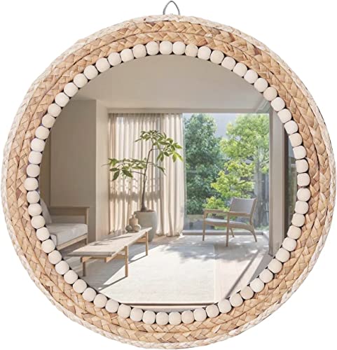 OYPEIP 12" Nature Rattan Boho Innovative Art Decoration Round Makeup Mirror Dressing Bedroom Bathroom Wall Mounted Hanging Mirrors Craft Photo Props…
