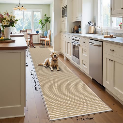 HEBE Washable Runner Rug 2'x10', Non Slip Low-Pile Hallway Rugs Runner - color: Beige/White, size: 2' x 10' (Rectangular)