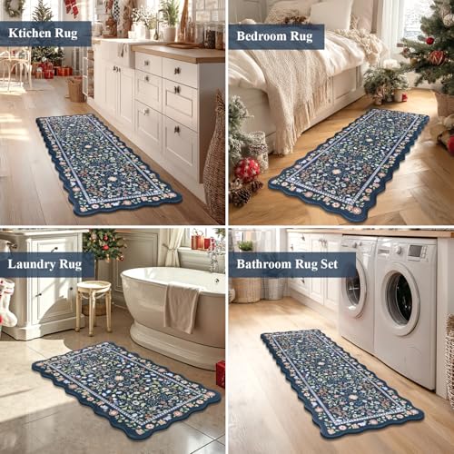 Yamaziot Boho Anti Fatigue Kitchen Rug Set of 3 Scalloped Non-Slip, Blue - color: Blue, size: 17.3"x29"+17.3"x35"+17.3"x47"