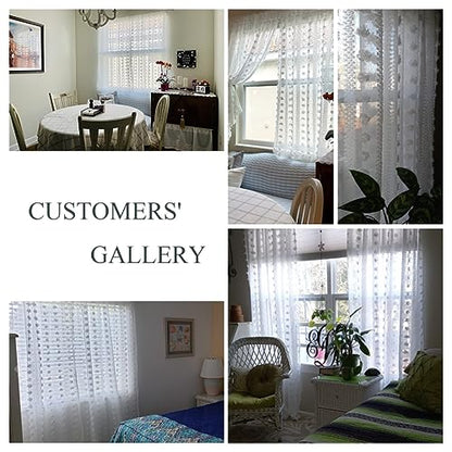 White Boho Sheer Curtains Poms 63 inches Long 2 Panels Embroidered Tuft - size: 54"W x 63"L (Pack of 2)