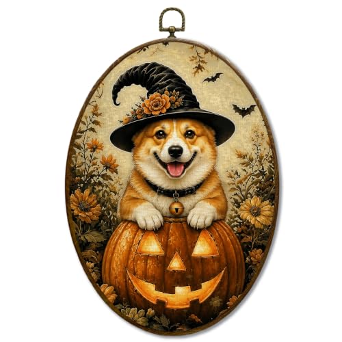 JQF Corgi Halloween Moody Witchy Corgi Oval Wall Decor Framed 8.5x11.5 Inch - color: fall corgi-1