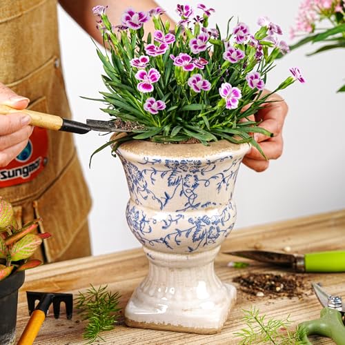 Sungmor Small Ceramic Urn Planter - Blue Floral Pedestal Flower Pot - color: Blue