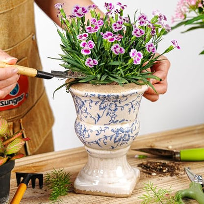 Sungmor Small Ceramic Urn Planter - Blue Floral Pedestal Flower Pot - color: Blue