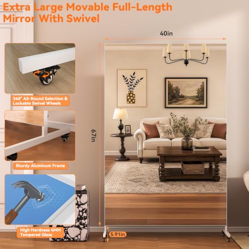 Hasipu 67" x 40" Home Gym Mirror 360° Swivel on Wheels - size: 66.9"L x 39.4"W