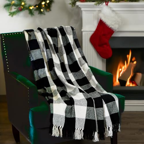DII Buffalo Check Collection Rustic Farmhouse Throw Blanket with Tassles, 50x60, Black/White - color: Black/White, size: 50x60"