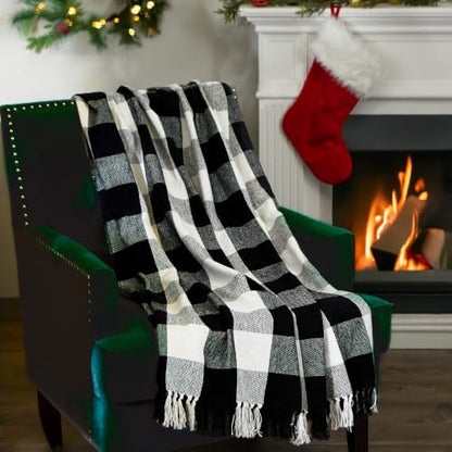 DII Buffalo Check Collection Rustic Farmhouse Throw Blanket with Tassles, 50x60, Black/White - color: Black/White, size: 50x60"
