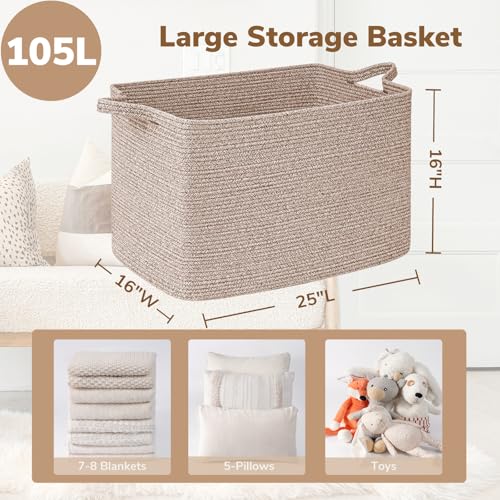 Goodpick 105L Extra Large Woven Rope Blanket Basket, Rectangle, Brown - color: Brown, size: XX-Large(25"L x 16"W x 16"H)