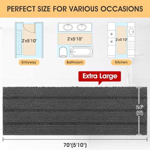 ACCUMTEK Extra Long Striped Grey Bathroom Rug Mat 70"x24" Ultra Soft, Non Slip Chenille Bath Rugs, Absorbent Plush Shaggy Bath Mats for Bathroom, Bedroom, Kitchen, Shower, Tub,Dark Gray, Charcoal - color: Dark Gray, size: 2' x 5'10" (Runner)