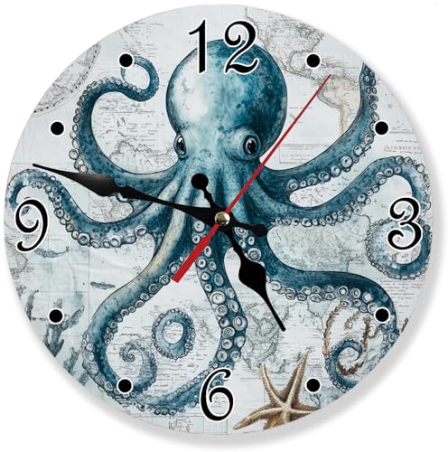 Unique Octopus Nautical World Map Silent Non Ticking Wall Clock 12 Inch, Battery Operated, Round Wood Wall Clocks, for Living Room Kitchen Bedroom Bathroom Office Decorative Coastal Gift - color: Unique Octopus Nautical World Map
