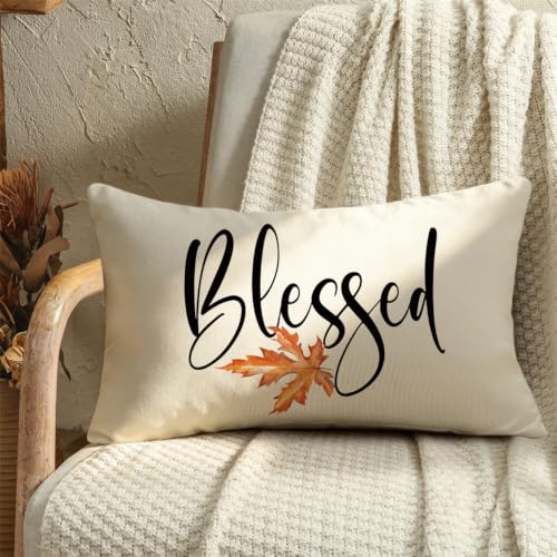 Fall Pillow Covers 12x20 Thanksgiving Farmhouse Decorations Buffalo Plaid Pumpkin Maple Leaf Outdoor Fall Decor Throw Pillow Covers Blessed Autumn Harvest Cushion Case for Sofa Couch Set of 4 - size: 20" x 12" (Pack of 4)