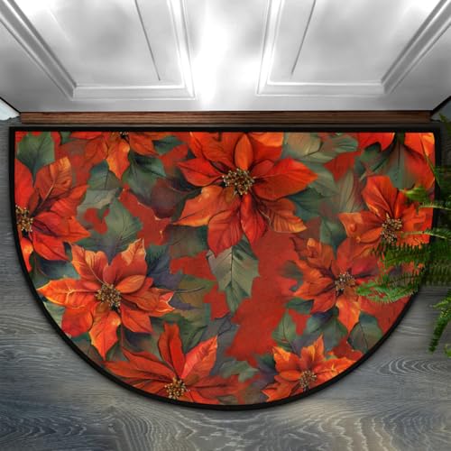 cfpolar Half Round Door Mat Christmas Poinsettia Semi Circle Non-Slip Bathroom Floor Rug, Outdoor Welcome Entrance Way Mat Indoor Absorbent Kitchen Mat for Bathroom,Garage,Bedroom 36" x 24" A-15 - color: A-43