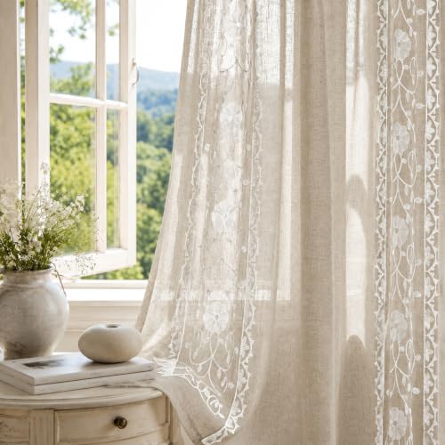 Deconovo Floral Linen Sheer Curtains 96 Inch Long for Living Room 2 Panels - color: White/Vine Blossom/Grommet, size: 50"W x 96"L (Pack of 2)