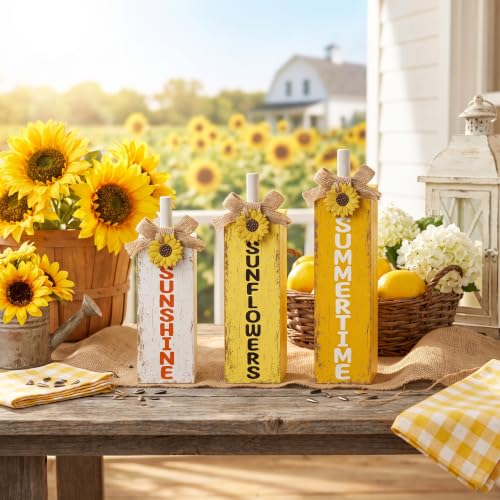 MiniInflat 3 Pcs Sunflower Table Decor, August Wooden Block Sign Decoration - style: Sunflower