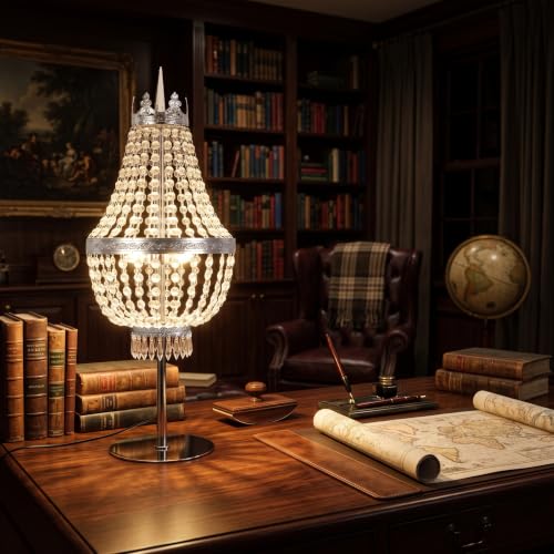 25.6in Height Clear Crystals Table Lamp for Living Room,Modern Tall Bedside Lamp for Bedroom Living Room Study Room (Chrome Crown) - color: Chrome Crown