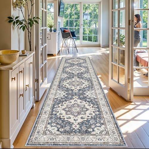 Washable 3x12 Hallway Runner Rug: Oriental Non-Slip Rugs for Entryway Living Room Floral Stain Resistant Long Kitchen Bathroom Carpets Accent Low Pile Floor Mat for Dining Room Bedroom (3x12,Blue) - color: Blue, size: 3' x 12' (Rectangular)