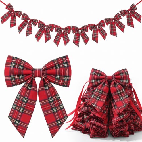 Flutesan 8 Ft Red Plaid Bow Garland Vintage Christmas Fabric Bow Banner - color: Red, style: Gingham