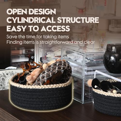 Sea Team 3-Pack Compact Nesting Woven Cotton Rope Storage Baskets, Black - color: Black & Jute