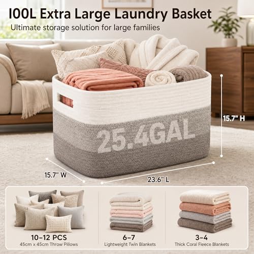 Cotton Rope Laundry Basket Extra Large, 25.4GAL Collapsible Woven Storage Baskets for Living Room Kids Toys Stuffed Animal,Boho Rectangular Decorative Hamper for Dirty Clothes Blankets Gradient Brown - color: GradientBrown, size: 25.4GAL